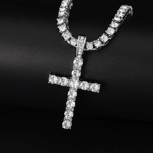 ⭐ 2PC 24" Diamond Hip Hop Necklace and Cross Pendant With 4mm Diamonds  ⭐ - Picture 3 of 11